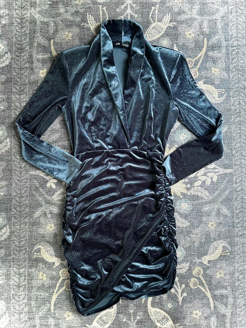Zara Sage Blue Velvet Rainbow Glitter Long Sleeve Dress Sz M